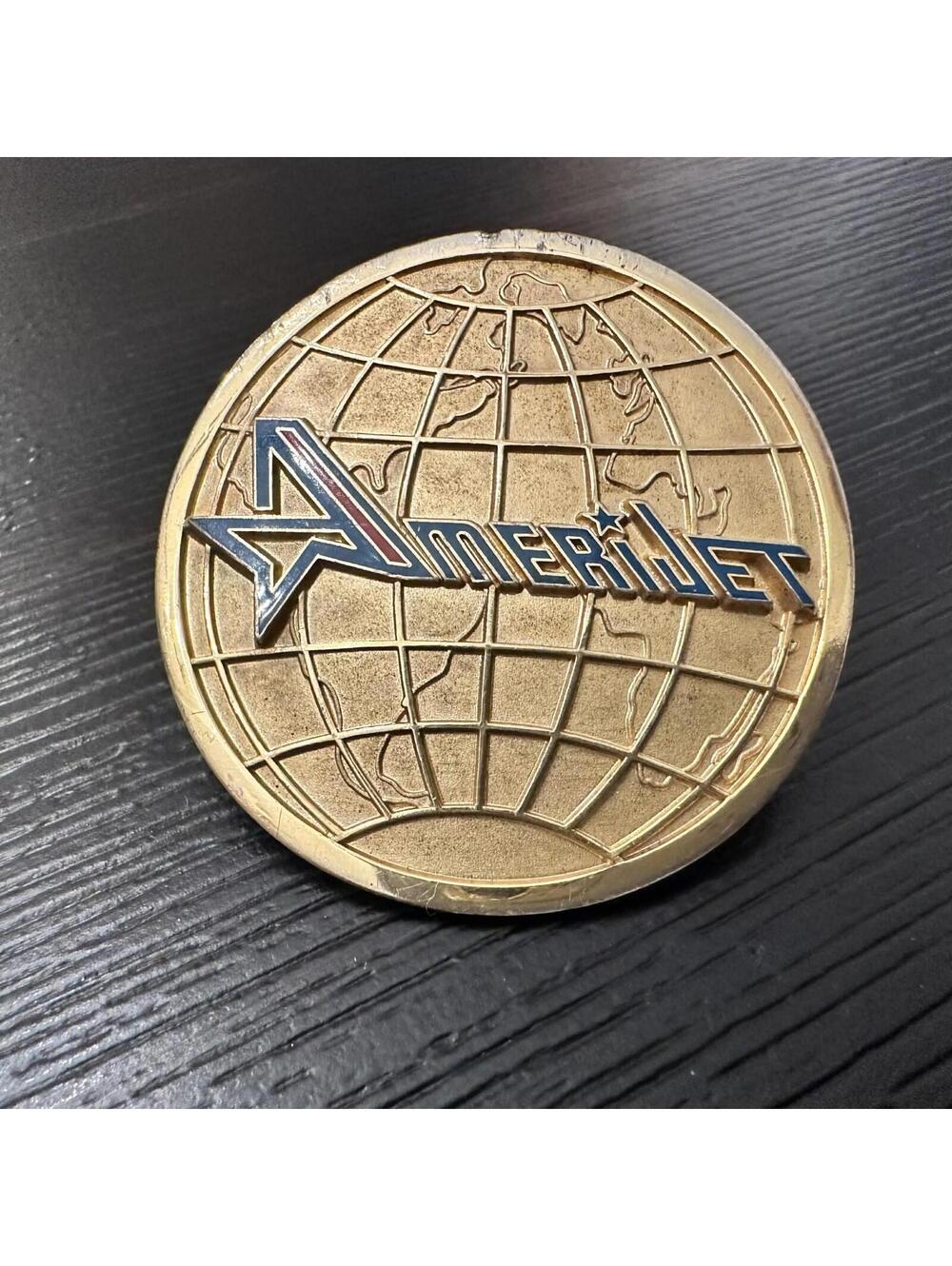 Vintage AmeriJet Airlines Brass Globe Hat Screw-Back First Offer/Captain